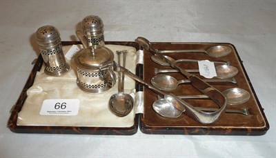 Lot 66 - Cased set of silver teaspoons and two others similar, cased cruet set and a pair of Scottish silver