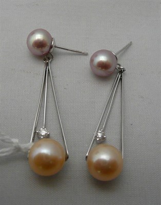Lot 78 - A pair of 18ct white gold and cultured pearl drop earrings