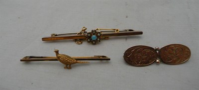 Lot 81 - A 9ct gold pheasant bar brooch, an opal and seed pearl-set bar brooch and a 9ct gold double...
