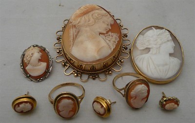 Lot 92 - Three cameo brooches, two pairs of earrings and two rings
