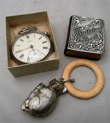 Lot 93 - Small silver-bound 'Birthday' book, silver-cased pocket watch, plated koala bear...