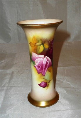 Lot 114 - A Royal Worcester porcelain trumpet vase, shape G923, painted with roses and signed M Hunt,...