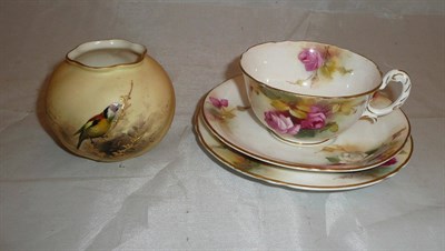 Lot 121 - A Royal Worcester porcelain trio decorated with pink roses and a small blush ivory vase (4)