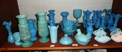 Lot 127 - Shelf of assorted blue press moulded glassware, painted opaline glass etc