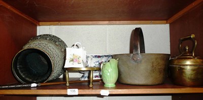 Lot 135 - Copeland Spode two-handled pedestal bowl, brass jam pan, brass kettle and trivet, pottery vase,...