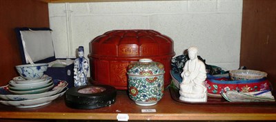 Lot 136 - Red lacquer box and cover and small quantity of Oriental ceramics and pair of floral plaques; three