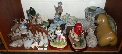 Lot 141 - Shelf of assorted sheep figures including Border Fine Arts group, continental bisque mountain...