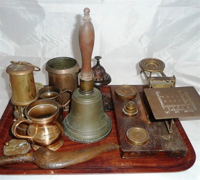 Lot 143 - Set of postal scales and weights, hand bell, oak knitting sheath, table bell, mugs and other...