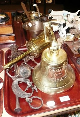 Lot 144 - Brass bell, wrought iron scales, salter scale, brass pans etc