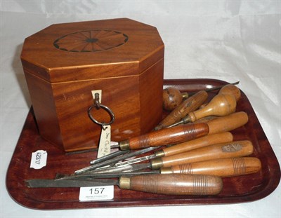 Lot 157 - Inlaid tea caddy and assorted hand tools