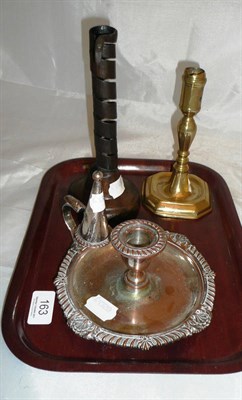 Lot 163 - Brass candlestick, coil and wood rush light holder, Sheffield Plate candlestick