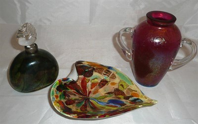 Lot 171 - A scent bottle signed Martin Yates, a Murano dish and an iridescent twin handled vase