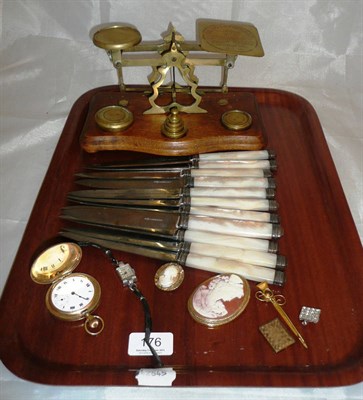 Lot 176 - A pair of postal scales, plated hunter pocket watch, Cardeilhac knives, etc