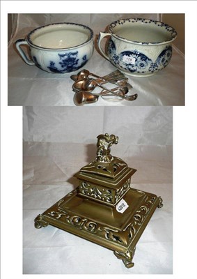 Lot 178 - A brass inkstand, plated flatware and two chamber pots