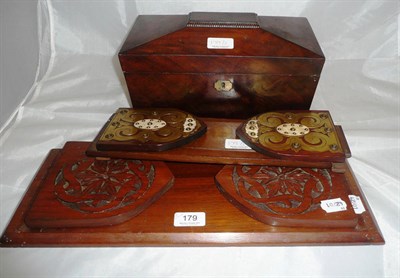 Lot 179 - Mahogany tea caddy, brass mounted book slide and one other