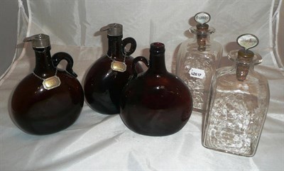 Lot 181 - Two square decanters and three other decanters