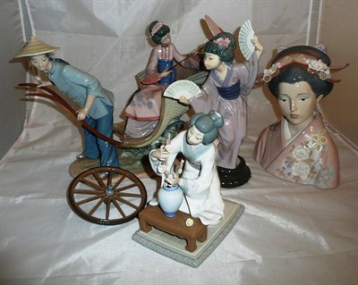 Lot 185 - Four Lladro figure groups including a young Chinese girl in a rickshaw, Lladro bust of a geisha and