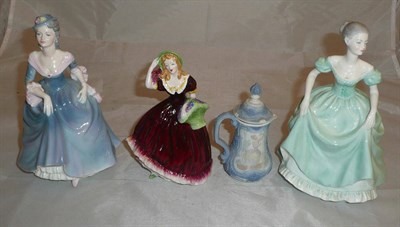 Lot 200 - Three Coalport figures and a small Lladro jug and cover