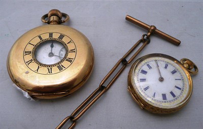 Lot 204 - An 18k fob watch, a gold plated half hunter and an albert chain