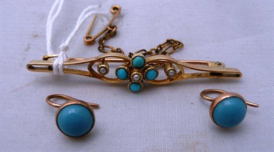 Lot 211 - A turquoise and seed pearl bar brooch and a pair of turquoise earrings