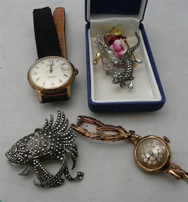 Lot 224 - Three costume jewellery brooches, a lady's watch and a gents wristwatch