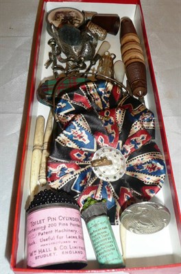 Lot 259 - Sewing implements including crochet hook, pins, needle holders, tape measure, etc