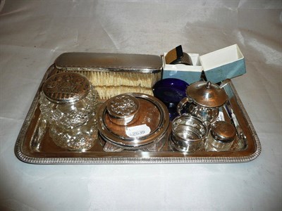 Lot 260 - Plated dressing table tray, silver-mounted brush, napkin rings and other items