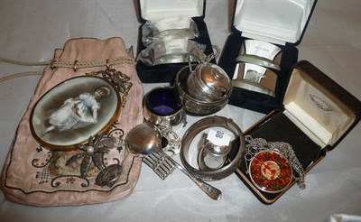 Lot 275 - A collection of small silver and white metal including jewellery, brass framed miniature on...