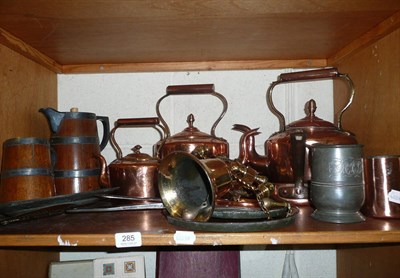 Lot 285 - Shelf of assorted metalwares including copper kettles, oak and silver plated bound jug and...