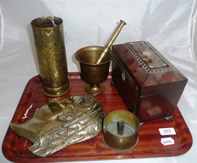 Lot 303 - Two division tea caddy, brass pestle and mortar, engraved shell case, silhouette plaque of...