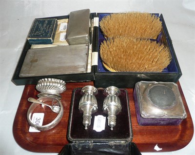 Lot 306 - A silver cigarette case (7oz), two silver-backed brushes and comb, etc