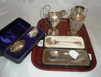 Lot 307 - Cased set of silver salts, cased Christening set, silver mounted cut glass vase, silver helmet...