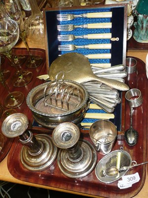 Lot 309 - Small collection of EPNS, plated coaster, silver bladed flatwares, hammered silver hand mirror,...