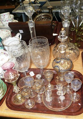 Lot 310 - Blue and gilt decorated Continental liqueur set, two decanters and stoppers, decorative glass etc