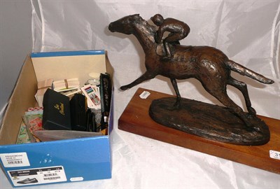 Lot 317 - Bronze horse and a box of watches, pens and cigarette cards, etc