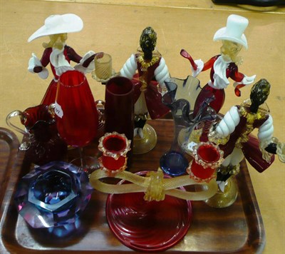 Lot 318 - Four Venetian glass figures and eleven pieces of glassware (two trays)