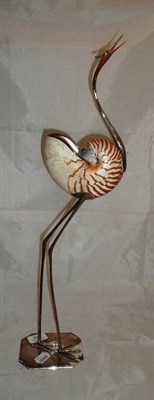 Lot 326 - An Italian white metal-mounted stork ornament with nautilus shell body, stamped 'Binazzi...