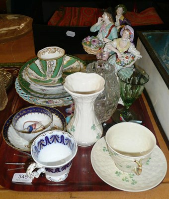 Lot 345 - Tray including Continental figures, modern Belleek porcelain, decorative ceramics and a glass...