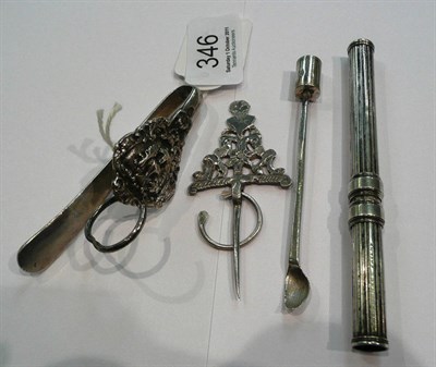 Lot 346 - A Mordan pencil, belt clip, cayenne spoon and a white metal pierced stick pin