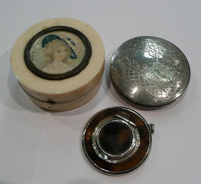 Lot 347 - Circular ivory hinged box and cover set with a portrait of lady, tortoiseshell and silver...