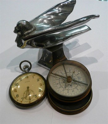 Lot 353 - Cased pocket compass and cover, Cyma military pocket watch and a car mascot and percussion pistol