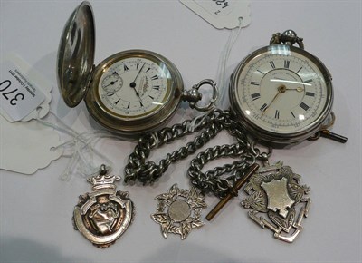 Lot 370 - Two silver pocket watches, chain and two medallions