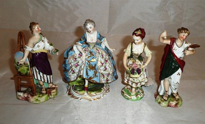 Lot 394 - Derby figure of a young girl with a basket of fruit (a.f.) and three Continental figures (4)