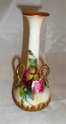 Lot 396 - A Royal Worcester porcelain tall slender two-handled vase, shape 1939, painted with roses, puce...