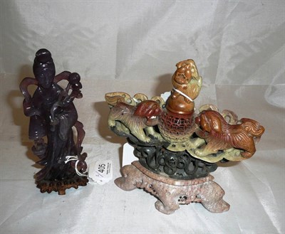 Lot 405 - Chinese figural carving with carved stand and a soapstone brush pot (2)