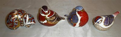 Lot 408 - Three Royal Crown Derby bird paperweights and another of a sleeping cat (4)