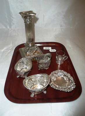 Lot 410 - Pair of oval silver salts, silver pin dish, candlestick etc