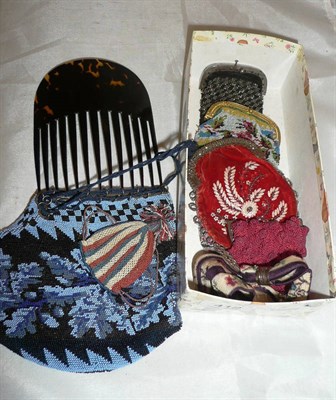 Lot 412 - Seven beadwork purses, misers purse and a hair comb