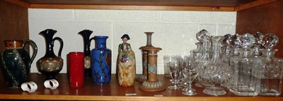 Lot 428 - A collection of Doulton stoneware ewers, water jug, candlesticks, two sets of three cut glass...