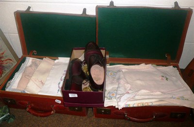 Lot 434 - Quantity of embroidered linen, crochet, etc and a pair of size 8 Grenson men's shoes (new)